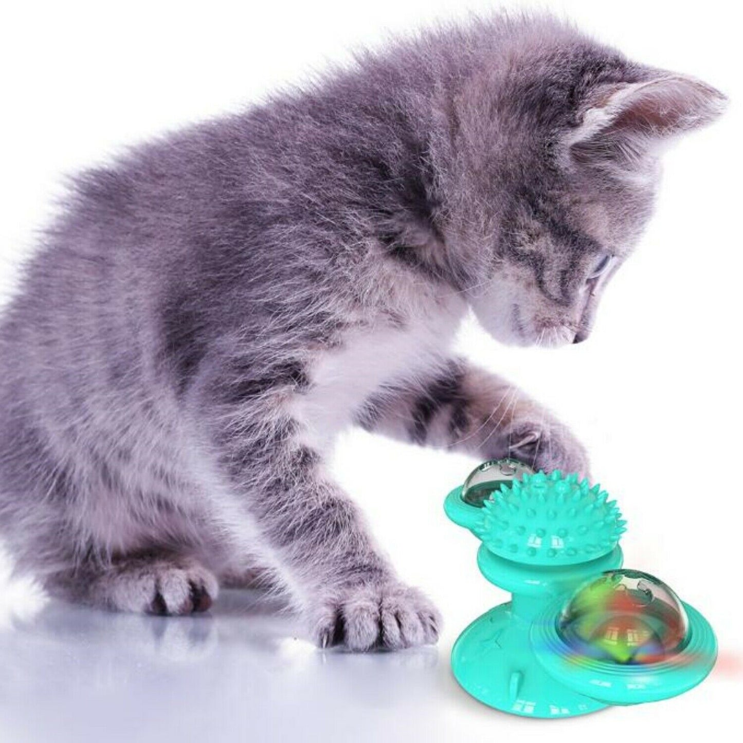 Indoor Windmill Cat Toy With Suction Cup Catnip & Jagged Teeth Middle Ball, Smart Kitten Rotating Spinner Exercise Toy, Toothbrush & Massager