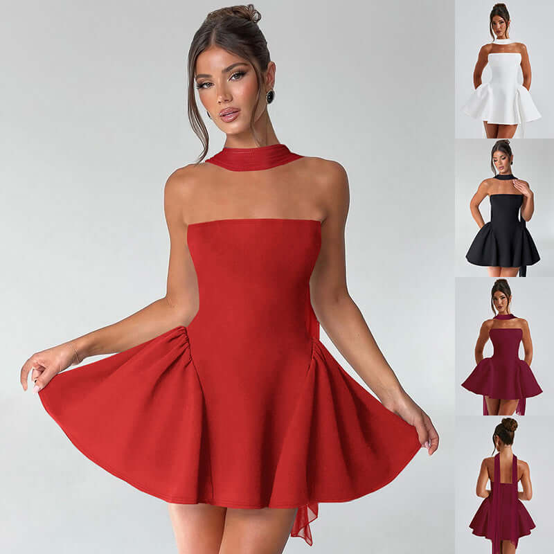 Stylish red Sexy Tube Top Dress With Back Zipper Design Ins Fashion Short Dress For Party Clothing Women, perfect for events.