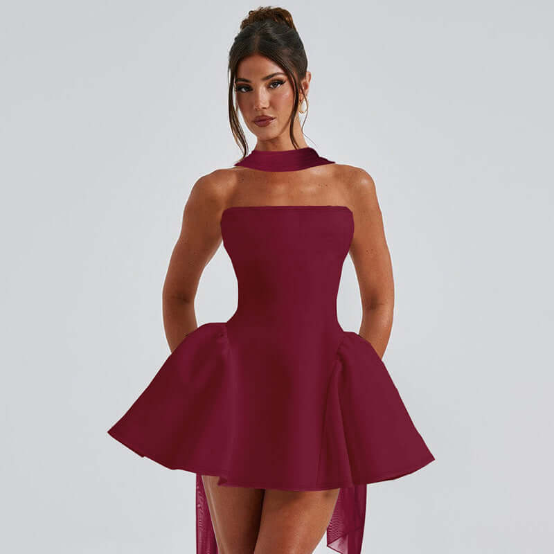 Stylish Sexy Tube Top Dress With Back Zipper Design Ins Fashion Short Dress For Party Clothing Women in burgundy.