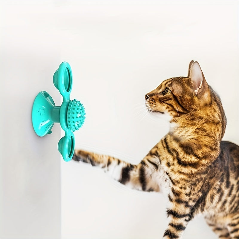 Indoor Windmill Cat Toy With Suction Cup Catnip & Jagged Teeth Middle Ball, Smart Kitten Rotating Spinner Exercise Toy, Toothbrush & Massager