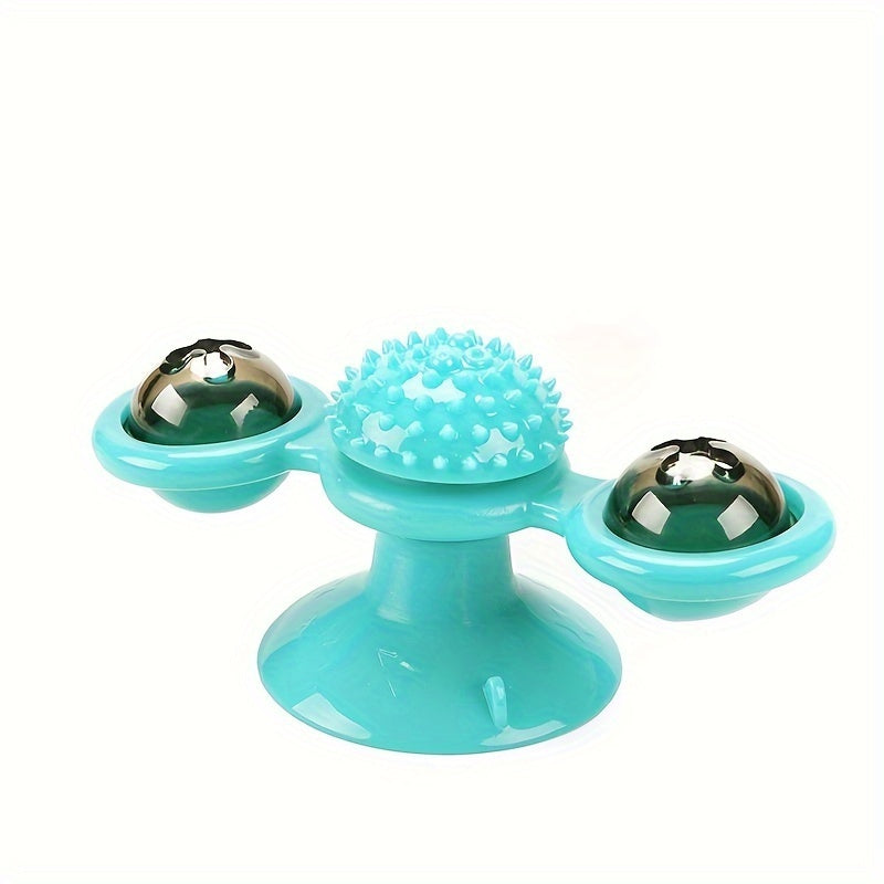 Indoor Windmill Cat Toy With Suction Cup Catnip & Jagged Teeth Middle Ball, Smart Kitten Rotating Spinner Exercise Toy, Toothbrush & Massager