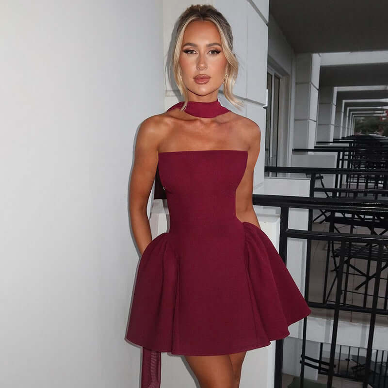 Stylish Sexy Tube Top Dress With Back Zipper Design Ins Fashion Short Dress For Party Clothing Women in burgundy.