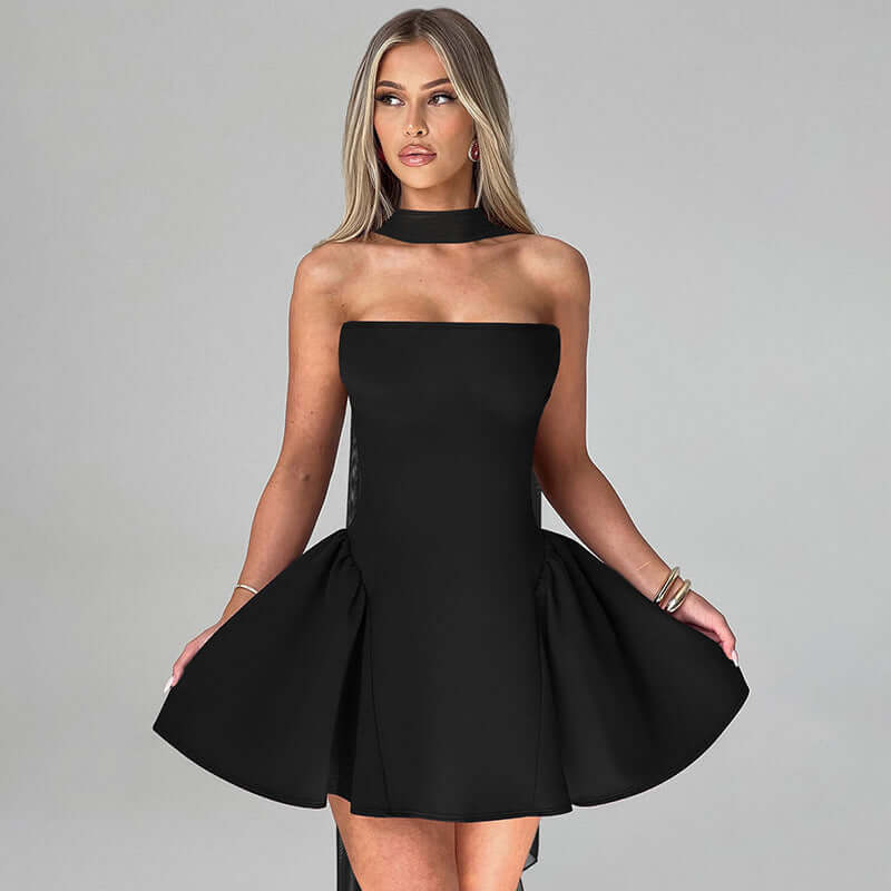 Stylish Sexy Tube Top Dress With Back Zipper Design Ins Fashion Short Dress For Party Clothing Women in black.