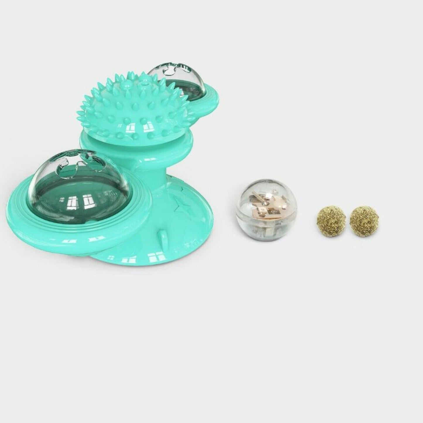 Indoor Windmill Cat Toy With Suction Cup Catnip & Jagged Teeth Middle Ball, Smart Kitten Rotating Spinner Exercise Toy, Toothbrush & Massager