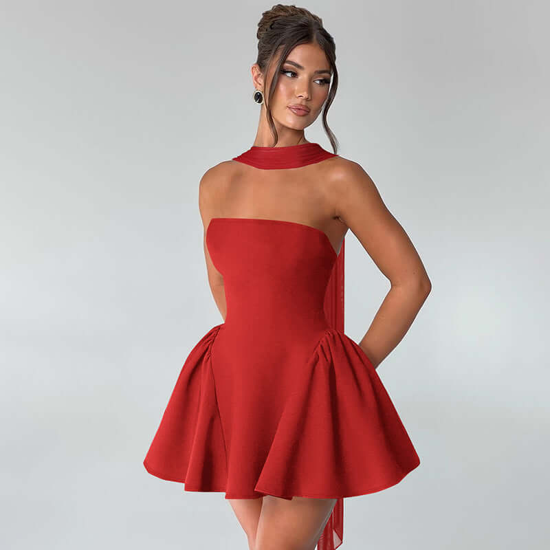 Stylish red Sexy Tube Top Dress With Back Zipper Design Ins Fashion Short Dress For Party Clothing Women, perfect for events.