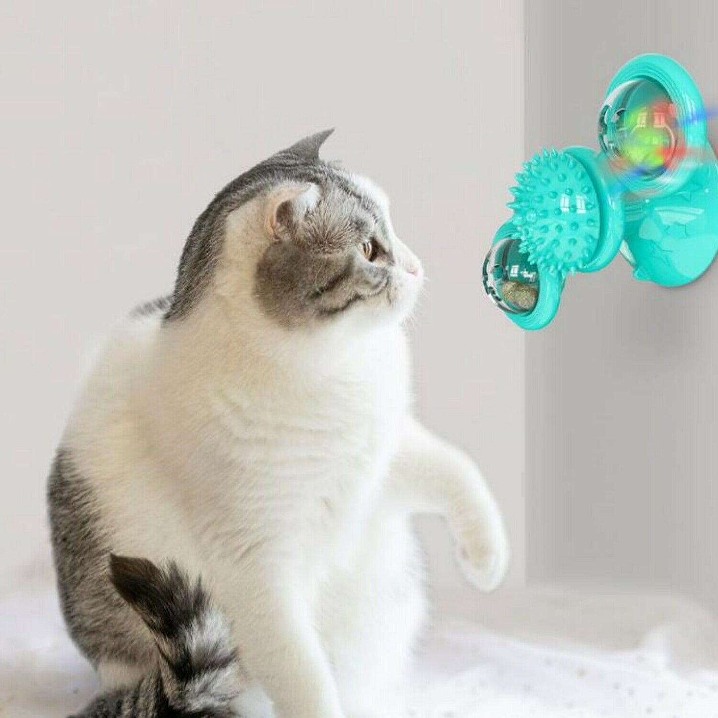 Indoor Windmill Cat Toy With Suction Cup Catnip & Jagged Teeth Middle Ball, Smart Kitten Rotating Spinner Exercise Toy, Toothbrush & Massager